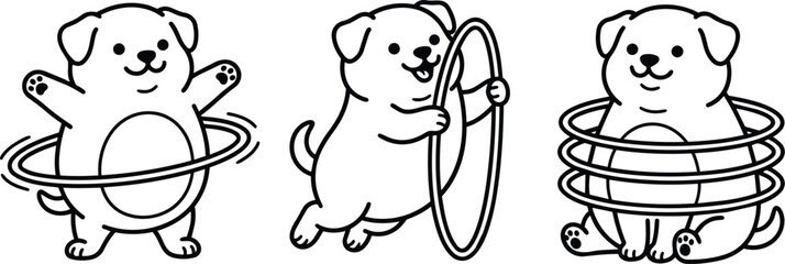 Three playful puppies with planetary rings and hula hoop in black and white line art © Royal Ability