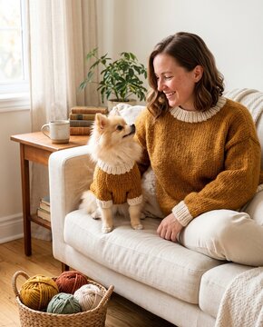 Woman and her Pomeranian dog wearing matching hand knitted sweaters on a cozy sofa