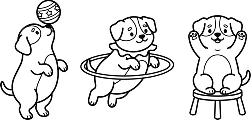 Fototapeta premium Playful puppies balancing a patterned ball, floating in a ring, and sitting on a stool in black and white line art
