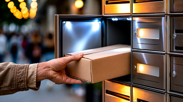 Person placing a cardboard parcel into an illuminated metal locker.