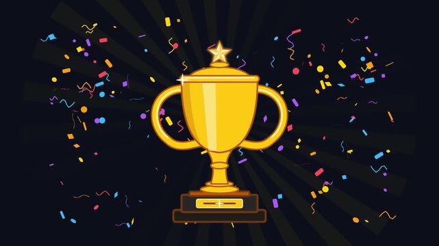 Golden trophy cup with confetti and sunburst animation for winner celebration and success concept achievement