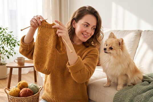 Woman showing a handmade knitted sweater to her curious Pomeranian dog at home