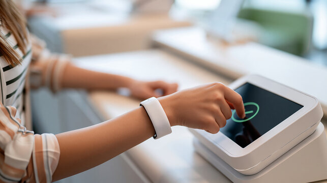 Medium cropped view of a person presenting a plain white smart wristband to a reader at a modern office kiosk hands and forearms centered on the interaction with the head above