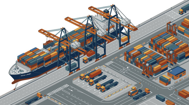 Minimalist Isometric of Modern Container Port with Cargo Ships Cranes Trucks and Stacked Containers