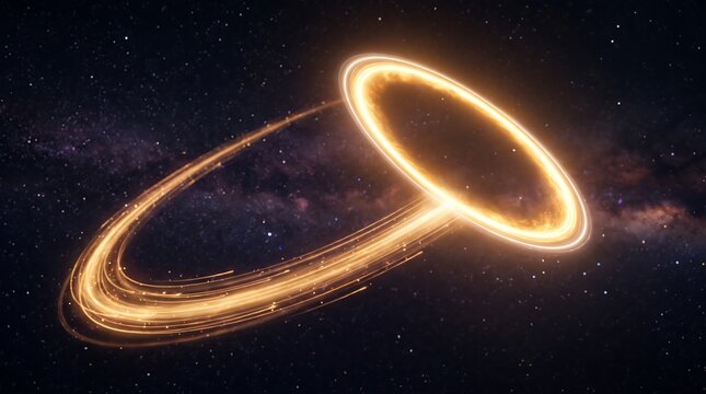 A magnificent cosmic vortex with glowing golden rings spinning dramatically against a deep starry background of space
