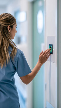 Medium rear view of a European nurse using a biometric fingerprint reader beside a hospital ward entrance head beyond the upper crop while one hand rests on the wall mounted