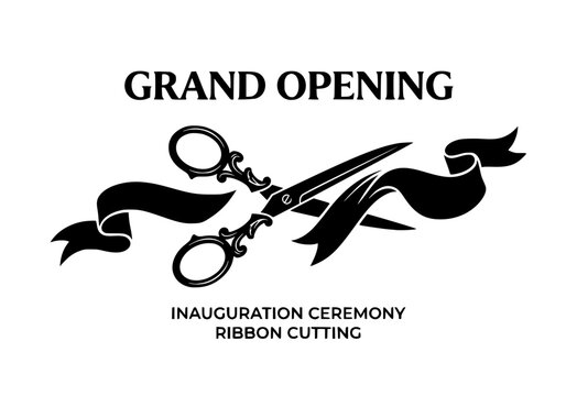 Grand Opening Ribbon Cutting Scissors Vector Silhouette. Business Inauguration Graphic Icon.