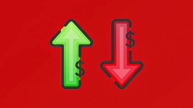 Animated green up arrow and red down arrow with dollar signs representing stock market rise and fall on red background.