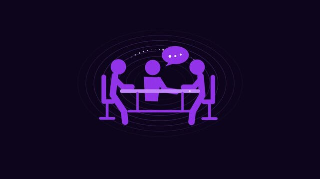Purple animated business meeting with stick figures talking at conference table and speech bubble conference call