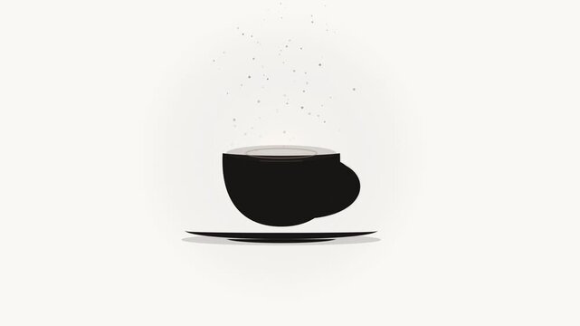 Animated black coffee cup with floating particles and steaming hot beverage on white background, steaming cup
