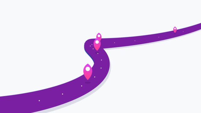 Animated winding road with pin markers direction satellite navigation concept flat background, path curved