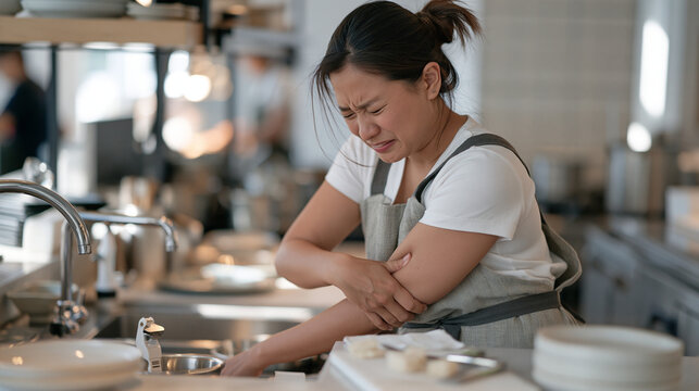 A Filipino domestic worker pausing dish washing at a hotel sink to press her forearm against her ribs with a sudden wince, occupational health, side pain, rib strain, hospitality