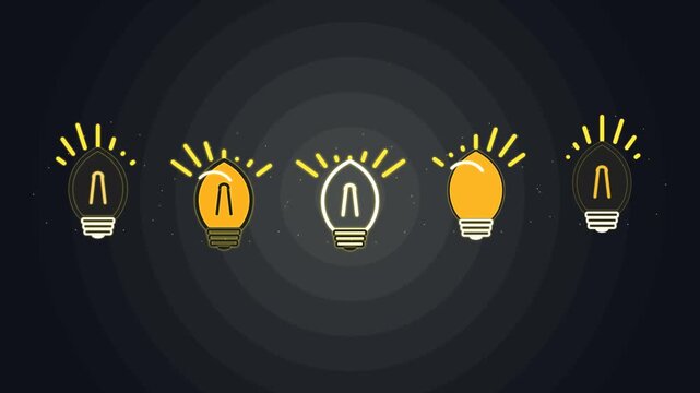 Animated glowing light bulbs row flashing on dark background, creative idea concept, motion animation motion idea