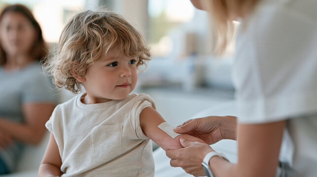 Pediatric nurse applying cooling gel patch to toddler forearm showing post allergy test reaction swelling, child immunology clinic procedure aftercare, gentle pediatric healthcare