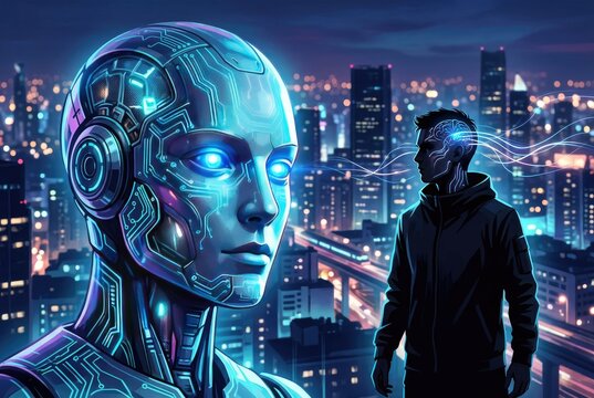 Advanced AI and human brain connection against a futuristic cityscape