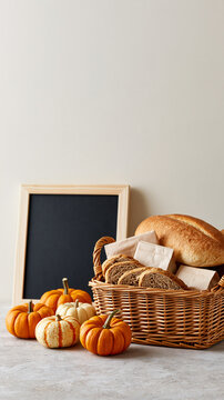 Giving Tuesday charity display with a blank chalkboard in a pale wooden frame standing beside small orange and cream pumpkins a wicker donation basket holding bread and plain