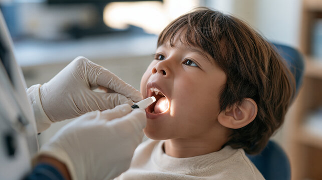 Close up of a young child's throat being gently examined by gloved hands using a small light, swollen tonsil symptom, strep throat check, pediatric ENT appointment, inflamed lymph