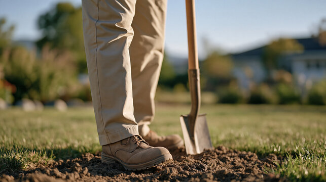 Retiree man standing in his garden gripping a spade handle for balance, one foot raised with visible ankle swelling, edema symptom, peripheral vascular concern, senior male
