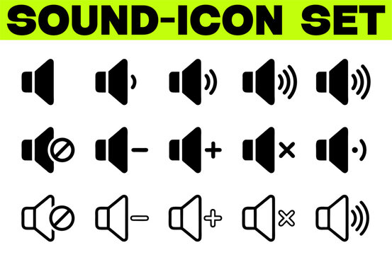 Sound icons set, vector isolated sound volume up, down or mute control collection, sound volume control symbol, audio voices icon, black flat style 