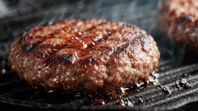A juicy beef burger patty seared to perfection on a hot grill, releasing fragrant steam.
