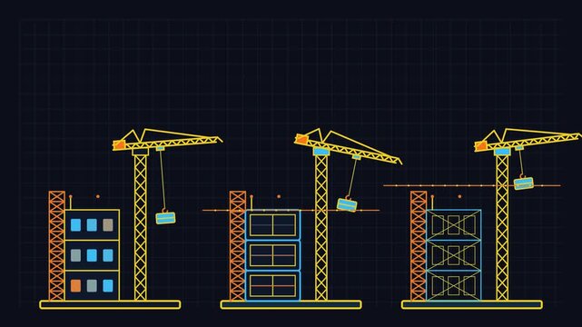Animated construction blueprint infographic showing building process with tower cranes and structural engineering diagrams on dark grid background