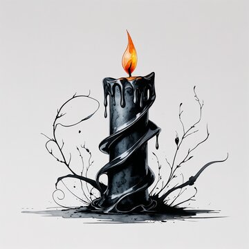 Elegante vela preta derretida com chama acesa e espirais em tinta surrealista e aquarela para o Halloween