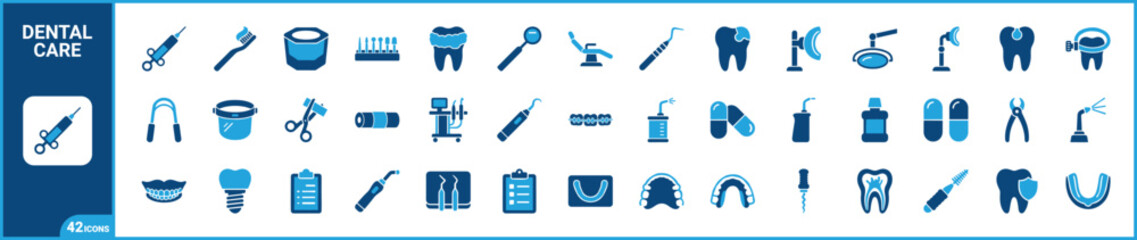 Fototapeta premium Dental care two-tone icon set. Filled glyph pictograms of dentistry, oral hygiene, orthodontics, and clinical instruments elements, blue duotone illustration.