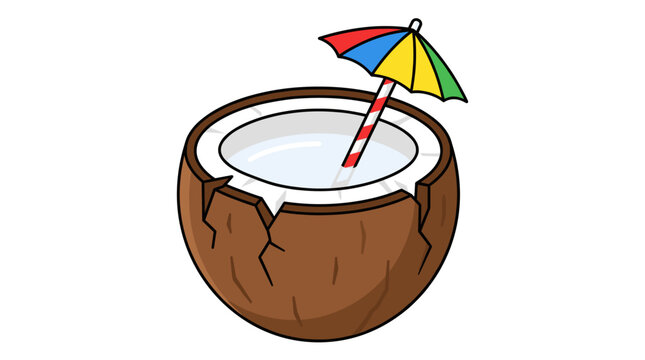 Coconut water drink with umbrella and straw.