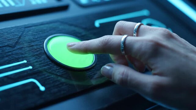 Finger pressing a glowing green button on a futuristic control panel.
