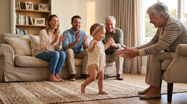 Excited toddler taking first steps towards loving grandmother while proud parents and grandfather sit happily cheering on the comfortable living room couch during daylight hours