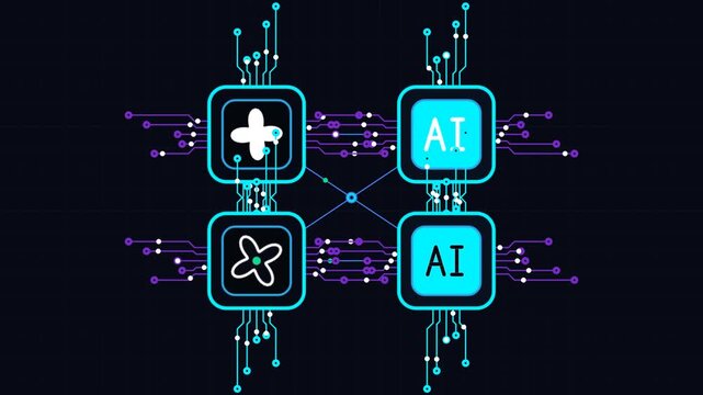 Ai processing quad core microprocessor cybernetic animation with glowing neon circuit board data streams and artificial intelligence tech symbols for future digital computing concepts