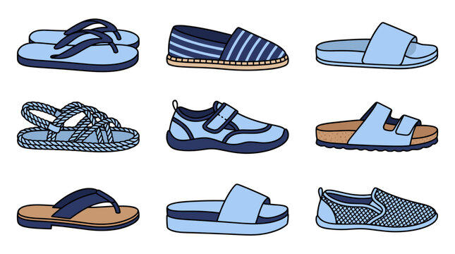 Collection of blue summer shoes and sandal icons.