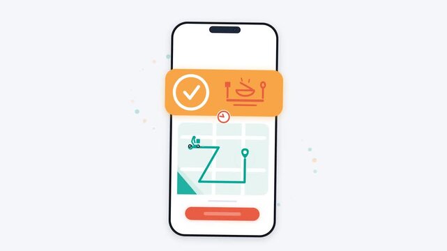 Food delivery app animation with smartphone screen showing live scooter tracking on interactive map and order confirmation notification banner