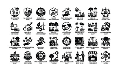 Obraz premium Black Glyph Icons Illustrating Agricultural Disaster Relief Crop Insurance Claims Emergency Handshakes And Farming Subsidies