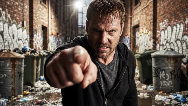 Intense man with a fierce expression points directly in a gritty urban alley.