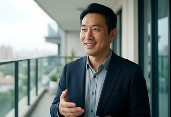 Fototapeta premium Professional networking and corporate leadership, smiling asian businessman talking on office balcony during a break in a modern urban environment