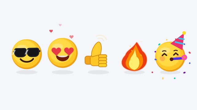 Animated emojis set with sunglasses, heart eyes, thumbs up, fire, and party blower on white background