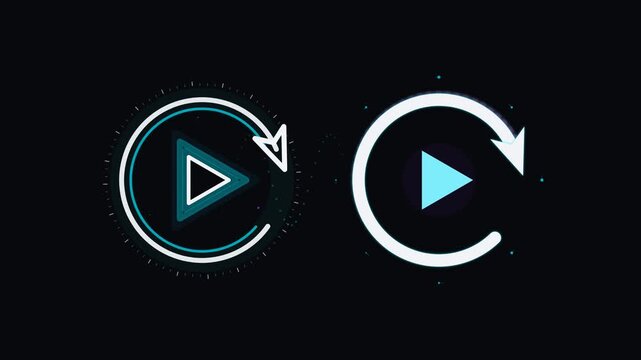 Animated play button with circular loading arrow and glowing neon interface on dark background, media player
