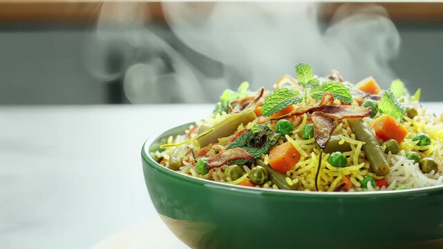 Steaming Hot Vegetable Biryani Bowl with Fresh Mint and Spices