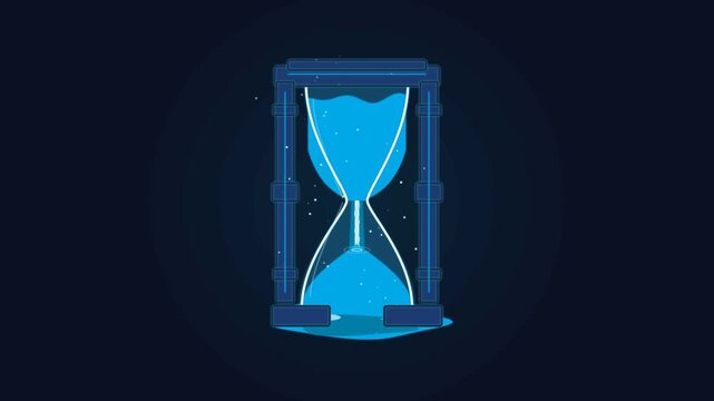 Blue water hourglass timer animation counting down time concept on dark background, sandglass countdown