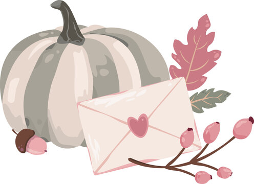 Cute vector illustration of a pastel pumpkin with a love envelope, autumn leaves, and berries. Perfect for fall wedding invitations and Thanksgiving cards.