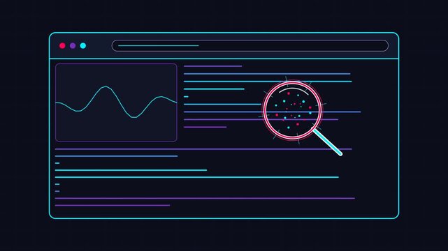 Neon magnifying glass scanning code and data graph in web browser interface animation search data analysis