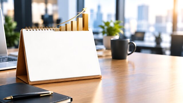Blank Desk Calendar with Gold Growth Graph on Office Table. Business Planning and Financial Success Concept