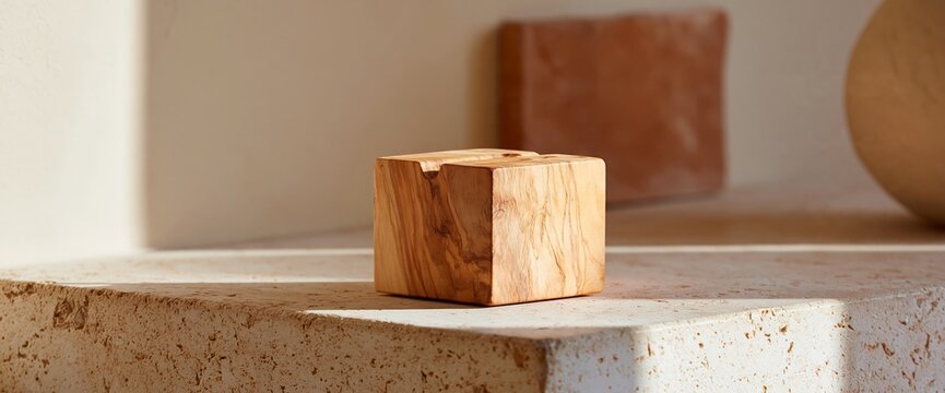Minimalist wooden cube on textured surface