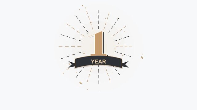 Animated 1 year anniversary gold badge and ribbon with radiating sunburst rays motion one year celebration