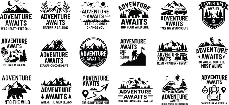 Set of eighteen vintage mountain adventure badges and outdoor exploration emblems featuring hand drawn typography and nature illustrations for t shirt design or print projects