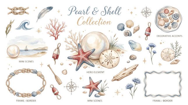 Watercolor pearl shells and nautical elements on transparent background