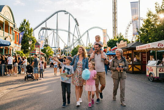 Family fun at the theme park with roller coaster and cotton candy