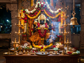 Fototapeta premium Hanuman Jayanti idol decorated with flowers and oil lamps at a Hindu temple