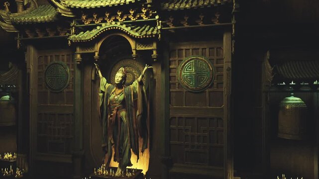 Opulent golden altar framing dramatic candlelight and carved panels, moody ambience used as luxury interior focal point, stylist staging scene for highend